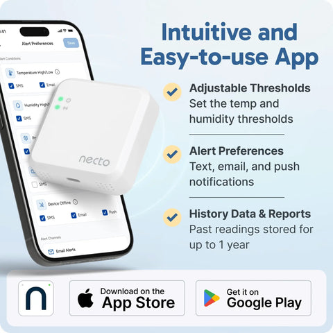 Cellular Temperature Monitor With 4G LTE And Humidity Sensor Remote Power Failure Alarm Unlimited Alerts for RV Vacation Home Pet Safety or Server Room 2 Years Of Service Included No Fees Or WiFi Needed displayed above smartphone app interface.