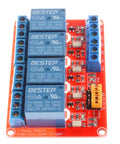 4 Channel Relay Module With Optocoupler Isolation And High Low Level Trigger shown with red board, blue relays, and connection terminals.