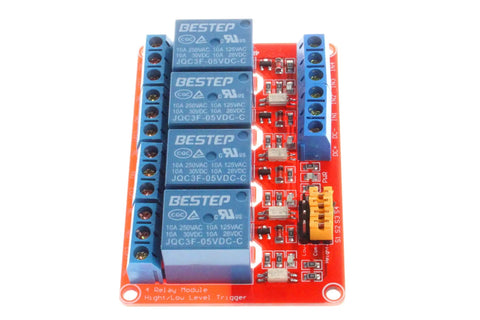 4 Channel Relay Module With Optocoupler Isolation And High Low Level Trigger shown with red board, blue relays, and connection terminals.