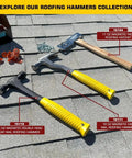 No Sweat One Hand Nail Setup Game Changing Magnetic Face Roofing Hatchet With Solid Forged Steel Head And Handy Utility Blade Sweet For Quick Dry In And House Wrap Projects That Contractors Straight Up Adore on a roof with other hammers.