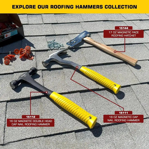 No Sweat One Hand Nail Setup Game Changing Magnetic Face Roofing Hatchet With Solid Forged Steel Head And Handy Utility Blade Sweet For Quick Dry In And House Wrap Projects That Contractors Straight Up Adore on a roof with other hammers.
