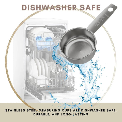 Sturdy 1/4 Cup Stainless Steel Measuring Cup for Wet and Dry Ingredients, Heavy Duty Metal Scoop, 60 ml 60 cc 2 oz next to dishwasher