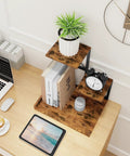 Compact Desk Shelf Organizer Three Tier Storage Riser For Small Desks Rustic Brown Black Finish with books and clock