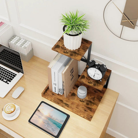 Compact Desk Shelf Organizer Three Tier Storage Riser For Small Desks Rustic Brown Black Finish with books and clock