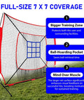 7x7 Ft Baseball And Softball Practice Net With Detachable Bow Frame displaying full-size net coverage feature on grass field