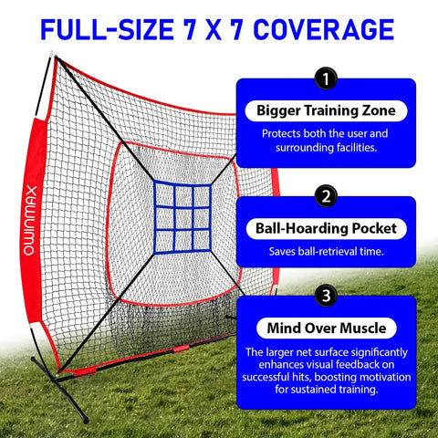 7x7 Ft Baseball And Softball Practice Net With Detachable Bow Frame displaying full-size net coverage feature on grass field