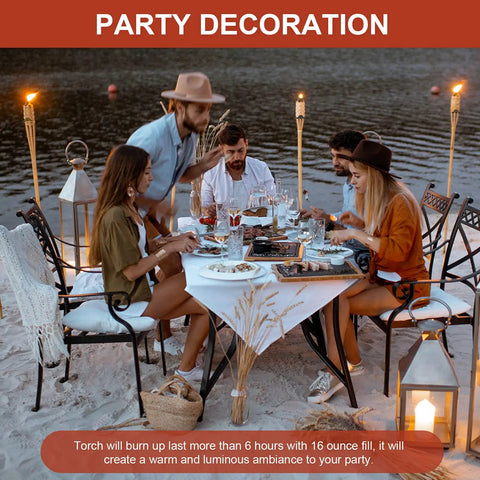 Outdoor dinner with 16oz Torch Replacement Canisters Four Pack Refillable Metal Torch Fuel Cans with wicks on the beach table
