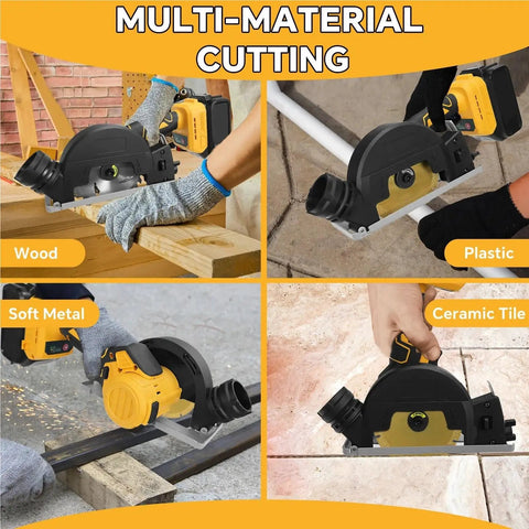 Rugged Little Beast Cordless Circular Saw Coupled With Mini Angle Grinder cutting wood, plastic, soft metal, and ceramic tile.