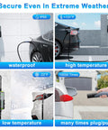 Portable Tesla EV Charger Level 1 And Level 2 16A with 21FT cable in various weather conditions, NEMA adapters visible