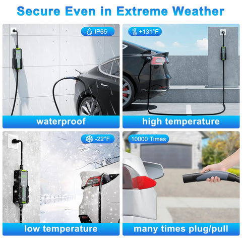 Portable Tesla EV Charger Level 1 And Level 2 16A with 21FT cable in various weather conditions, NEMA adapters visible