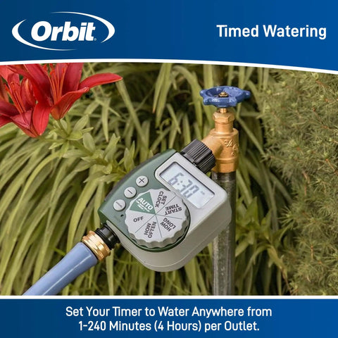 Programmable Digital Hose Watering Timer with LCD screen attached to outdoor faucet in garden setting.