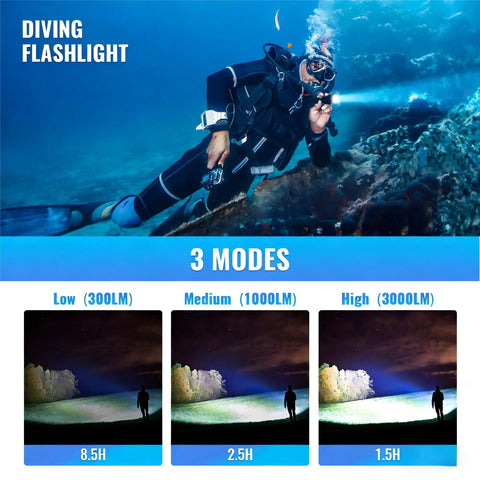 Diver using Powerful Dive Light 3000 Lumen 5000K Natural White Underwater Flashlight IPX8 Waterproof to 100M with mode options