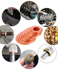 Copper Washer Set With 150 Pieces In 15 Sizes M5 To M17.5 shown with automotive and plumbing applications, solid sump plug crush washers for oil drain, water and fuel fittings, high conductivity, corrosion resistant, gearhead favorite, clear organizer case.