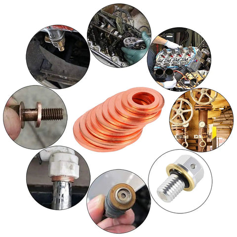 Copper Washer Set With 150 Pieces In 15 Sizes M5 To M17.5 shown with automotive and plumbing applications, solid sump plug crush washers for oil drain, water and fuel fittings, high conductivity, corrosion resistant, gearhead favorite, clear organizer case.