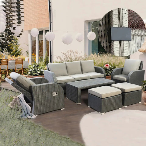 12 Pack Outdoor Patio Furniture Clips For Wicker Sectionals And Sofas Keeps Your Lounge Set From Slipping Rattan Connector Clamps And Chair Fasteners In Black, shown with sectional set in garden.