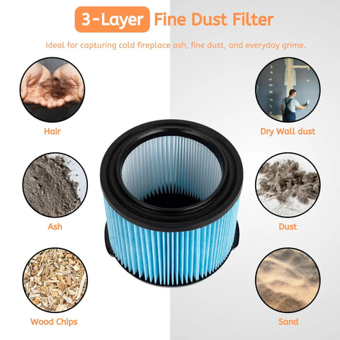 VF3500 Vacuum Filter Replacement for Ridgid Wet Dry Vacuums, 3 layer filtration system for trapping hair, ash, and dust particles.