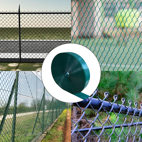 Collage of green chain link fences with Chain Link Fence Privacy Slats Tape Roll 250 Ft By 0.15 Ft Includes 200 Fasteners And Punch Tool UV Inhibited Green Polyethylene Covers About 36.9 Sq Ft Per Box For Backyard Gate Driveway Pool Area.