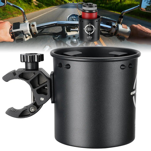 Rugged Motorcycle Cup Holder With Heavy Duty Metal Clamp For 0.6 To 1.5 Inch Range, 32 Oz Bottle Capacity attached to handlebars