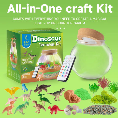 Awesome Dinosaur Light Up Terrarium Kit For Kids With Led Night Light And Remote Diy Arts And Crafts Gift For Boys Aged 4 5 6 7 8 9 10 11 12 dino terrarium kit with jar, fossils, pebbles, sand
