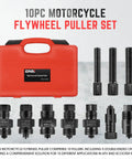 10 Piece Universal Motorcycle Flywheel Puller Set with a red case and black oxide finish pullers for Yamaha, Honda, Suzuki bikes.