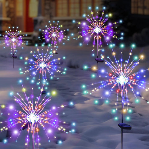 Solar Garden Firework Lights 6 Pack Waterproof Outdoor 120 LED Sparklers Colorful Glow illuminating snowy garden path
