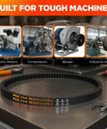 Cogged V-Belt 1/2 x 40in OC Industrial Drive Belt shown on a table with tools and machines illustrations for high horsepower equipment