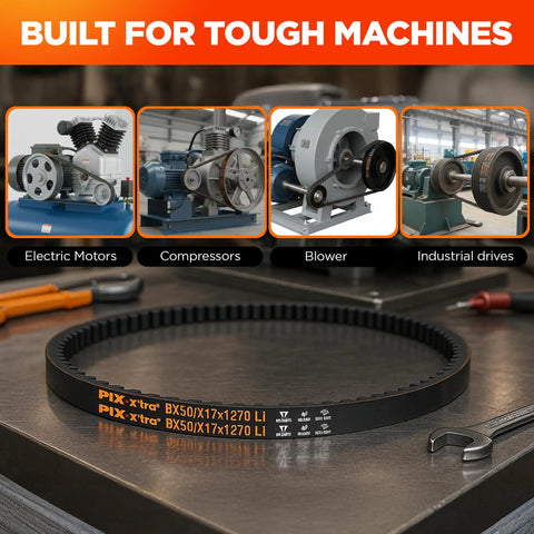 Cogged V Belt One Half Inch Wide 70 OC Industrial Drive Belt For Beefy High HP Applications, Compressors, Pumps, Fans, Vacuum Pumps, Blowers, Generators, Heat Exchangers, And Heavy Duty Equipment shown with industrial drives.