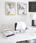 White Six Piece Interlocking Desk Organizer Set with Pen Cup, Three Accessory Trays, Two Letter Trays on office desk