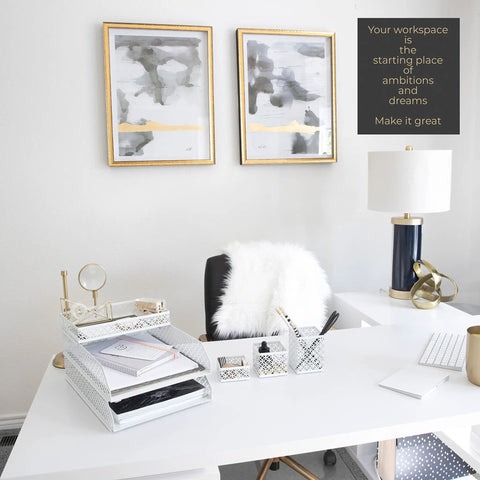 White Six Piece Interlocking Desk Organizer Set with Pen Cup, Three Accessory Trays, Two Letter Trays on office desk