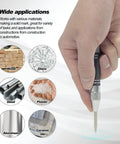 Hand using Two Pack Automatic Center Punch 5-Inch Built Tough Steel Spring-Loaded Center Hole Punch With Adjustable Tension Tool on various materials like metal, wood, glass, and plastic.