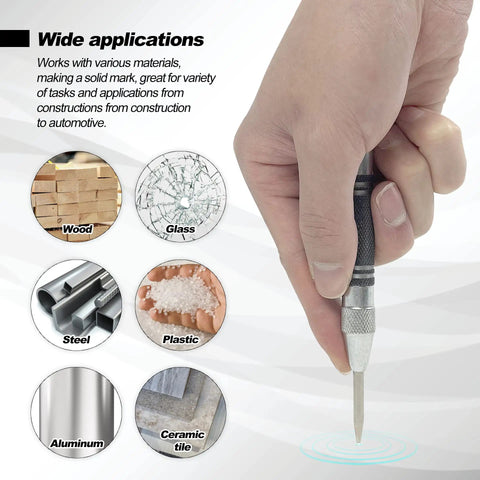 Hand using Two Pack Automatic Center Punch 5-Inch Built Tough Steel Spring-Loaded Center Hole Punch With Adjustable Tension Tool on various materials like metal, wood, glass, and plastic.
