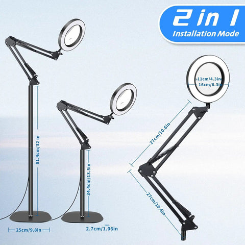 Floor Magnifying Glass With Light And Stand, 10X To 20X Magnification, 72 LED Lamp, adjustable height and arm, installation modes