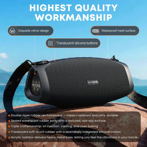 Front view of Monster Bass 120W Outdoor Bluetooth Speaker Boombox with IPX6 waterproof build, sitting on a rock with sky background.