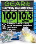 100 Ft Outdoor Extension Cord Heavy Duty 3 Prong Power Cable With 10/3 Gauge SJEOW Triple Outlet Lighted End 15A 125V Blue