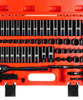 Three Eighths Inch Drive 12 Point Impact Socket Set With Deep And Shallow Sockets, 74 Piece SAE From Five Sixteenths To Three Quarters And Metric Eight To Twenty Two Millimeters, Color Ring, 72 Tooth Ratchet Tool Kit, Cr V With Heavy Duty Case in orange case