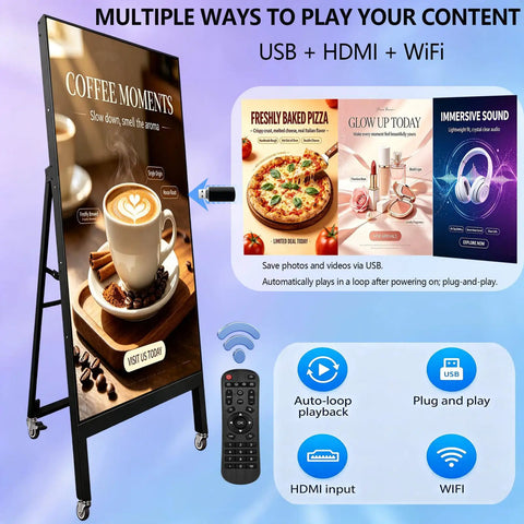43 Inch Indoor Digital Signage Display Portable Lcd Menu Board showing coffee and promotions with USB and HDMI connectivity.