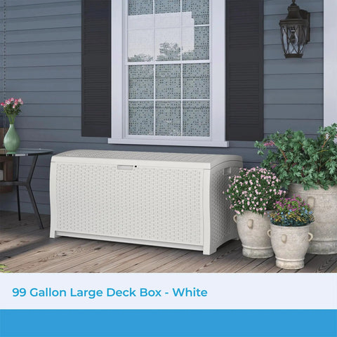 99 Gallon Outdoor Deck Box With Hinged Lid White All Weather Resin Storage For Patio Yard And Garage Large Organizer For Cushions Tools Gear Made In USA