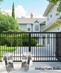 Hella Tough Stainless Steel V Groove Plate Casters With Double Ball Bearing Track Rollers For Heavy Duty Sliding Gates And Commercial Warehouses Rock Solid Construction Delivers Zero Hassle Smooth Gliding Action 4 Pack visible near an outdoor sliding gate.
