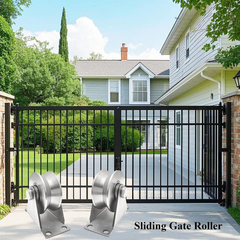 Hella Tough Stainless Steel V Groove Plate Casters With Double Ball Bearing Track Rollers For Heavy Duty Sliding Gates And Commercial Warehouses Rock Solid Construction Delivers Zero Hassle Smooth Gliding Action 4 Pack visible near an outdoor sliding gate.