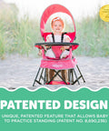 Baby sitting in Go With Me Venture Portable Toddler Chair With Sun Canopy, pink, in sandy outdoor setting, showing patented design.