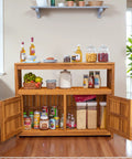 Weatherproof Acacia Wood Outdoor Storage Cabinet With Two Magnetic Doors And Three Level Storage, pots and jars seen