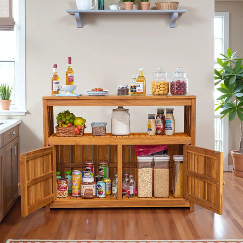 Weatherproof Acacia Wood Outdoor Storage Cabinet With Two Magnetic Doors And Three Level Storage, pots and jars seen