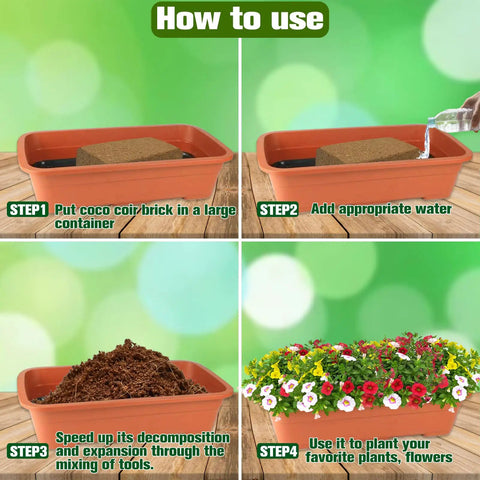 10 Pack Coconut Coir Bricks For Seed Starting And Garden Substrate That Is 100 Percent Organic With Low EC And Balanced pH Ideal For Flowers Herbs Vegetables And Indoor Or Outdoor Plants, showing steps to expand and use coir in planters.