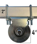 Heavy Duty V Groove Gate Wheels With Double Bearings Bolted External Mount Cradle side view showing 2" thickness and 4.5" wheel
