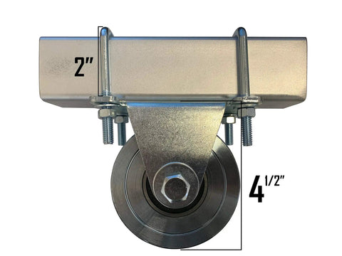 Heavy Duty V Groove Gate Wheels With Double Bearings Bolted External Mount Cradle side view showing 2" thickness and 4.5" wheel
