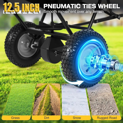 Close-up of wheel on tow behind broadcast spreader for lawn and garden, 12.5 inch pneumatic ties for various terrains.