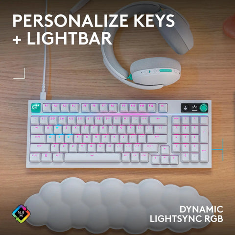 Top Tier Wireless Mechanical Gaming Keyboard Hot Swappable Linear Switches Ridiculously Smooth Pbt Keycaps Serving Insane 8 Khz Polling Speeds For Elite Play In White, with customizable RGB lighting and a headphone.