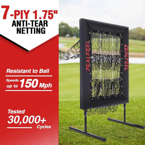 Baseball Pitching Net Pro With 9 Hole Strike Zone Target, 7-ply anti-tear netting, standing outdoors, resistant up to 150 mph balls