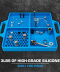 Silicone Fastener Tray For Bolts, Nuts, And Bits With Handy Handle holding screws and tools, blue high-grade silicone with sections.