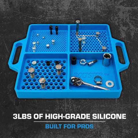Silicone Fastener Tray For Bolts, Nuts, And Bits With Handy Handle holding screws and tools, blue high-grade silicone with sections.